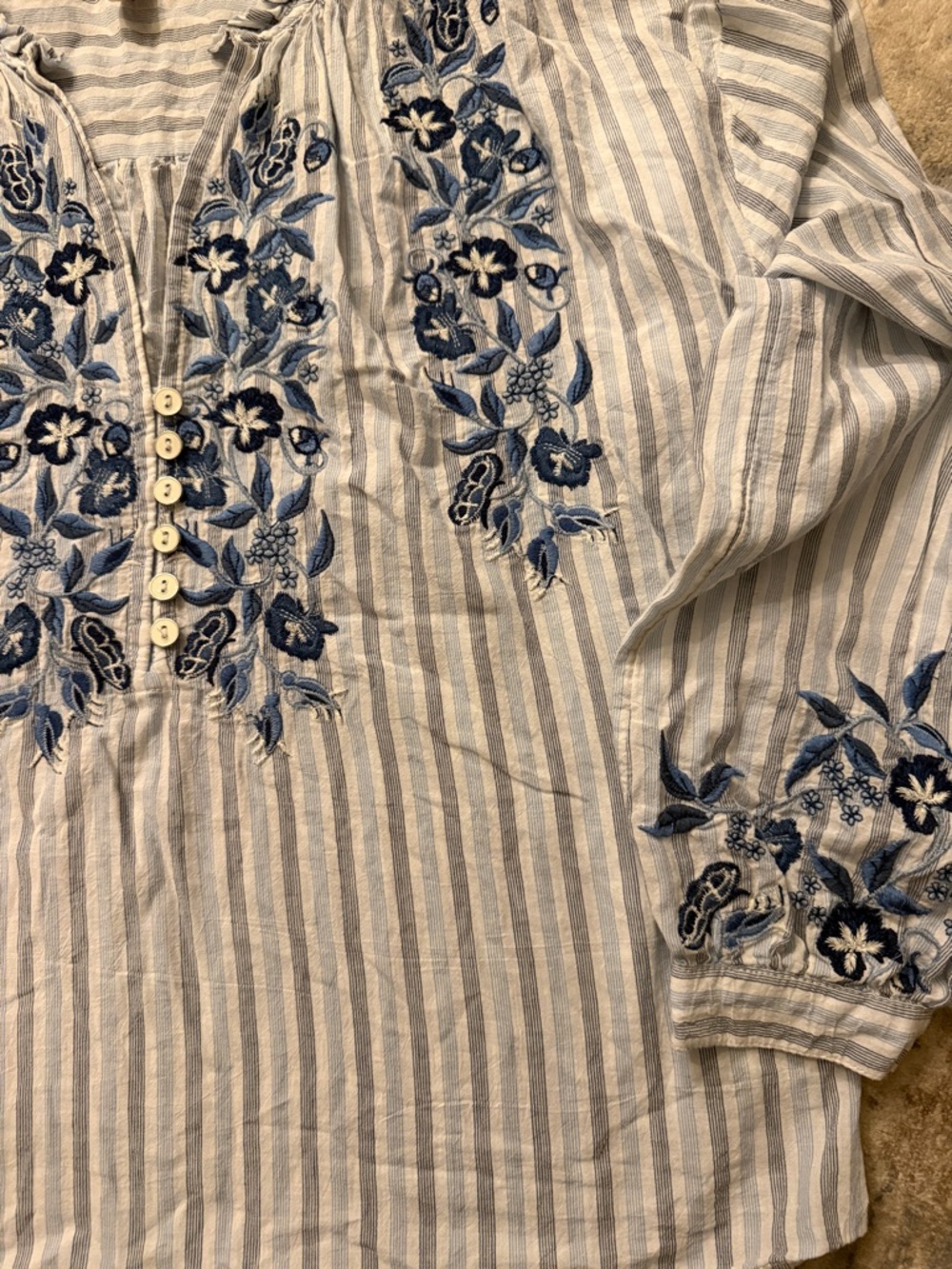 Pilcro Anthropologie Embroidered Blouse S Blue Stripe Cotton Boho Top - Picture 8 of 10
